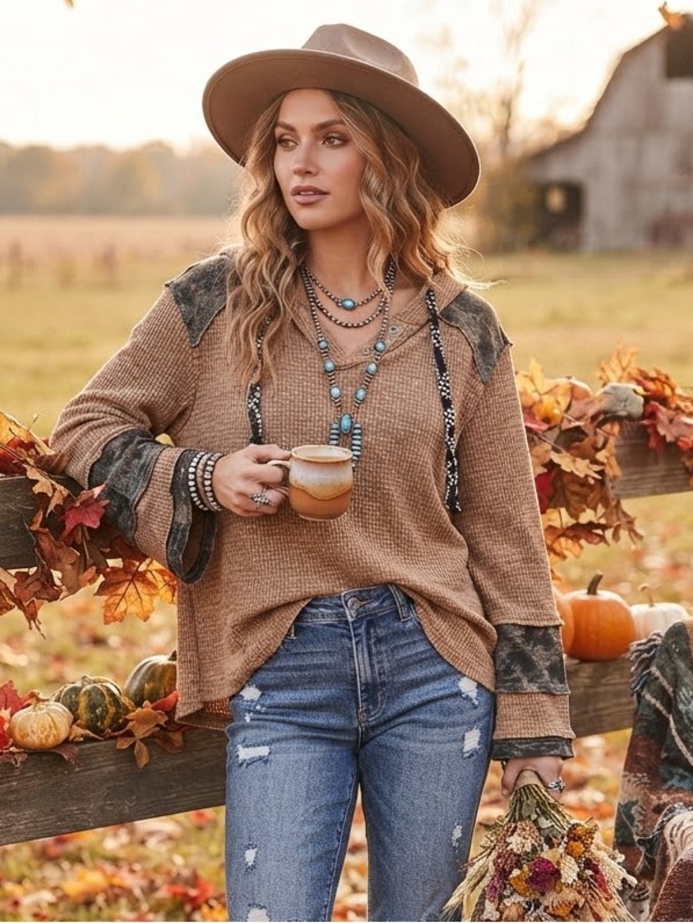POL Thermal Hooded Sweater Small Tan Brown Acid Washed Contrast Boho Grunge Y2K